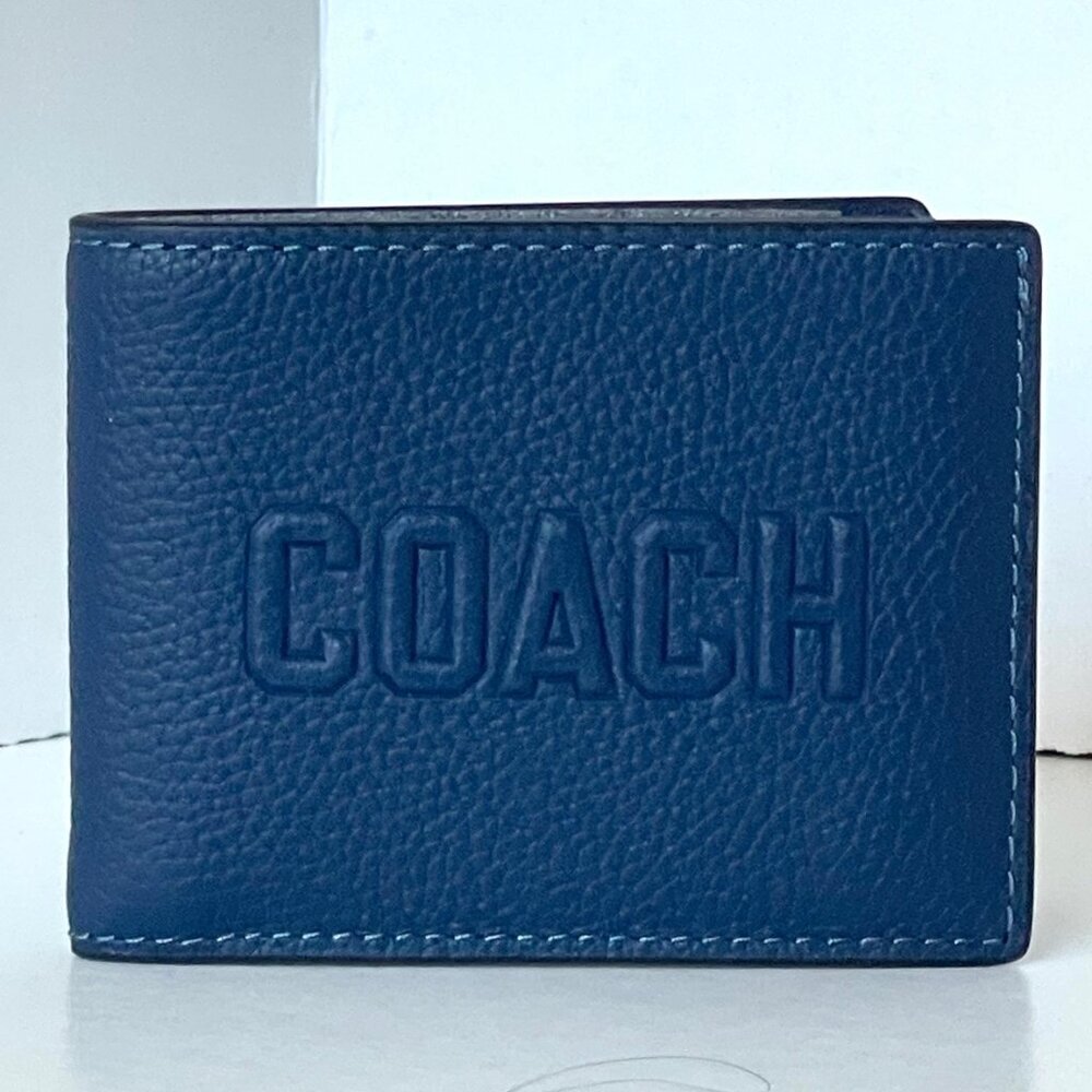 Coach Slim Billfold Wallet Deep Blue Graphic Pebbled Leather Mens CZ062